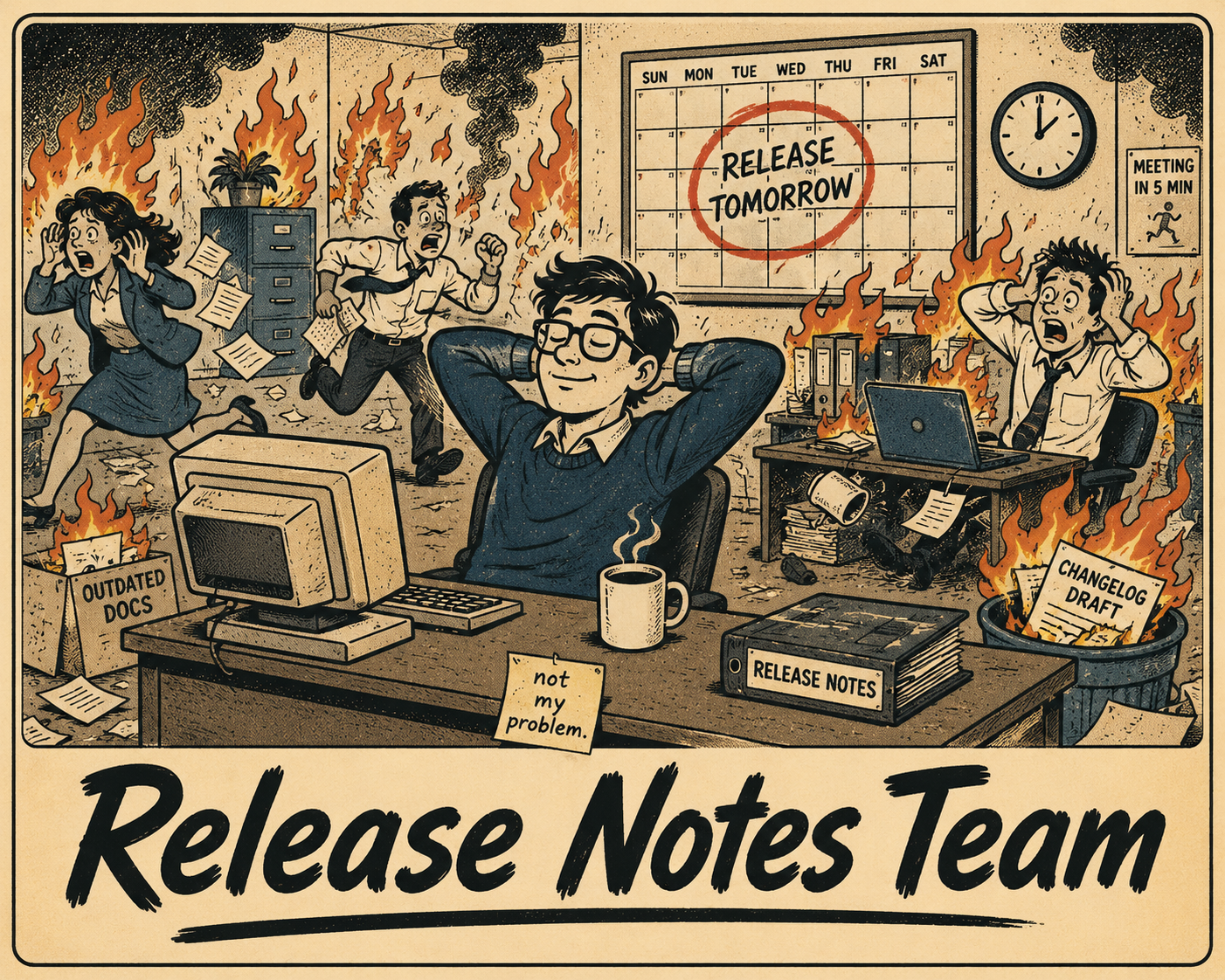 Developer calmly working while office burns, labeled 'Release Notes Team'