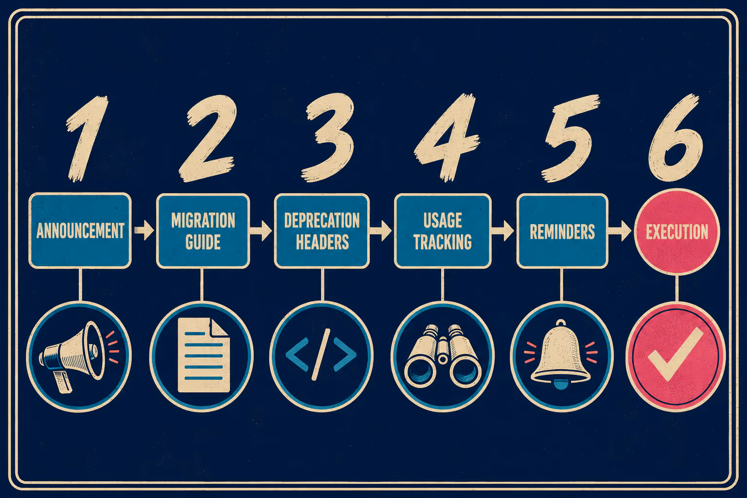 Six-phase timeline from announcement through execution for breaking API changes