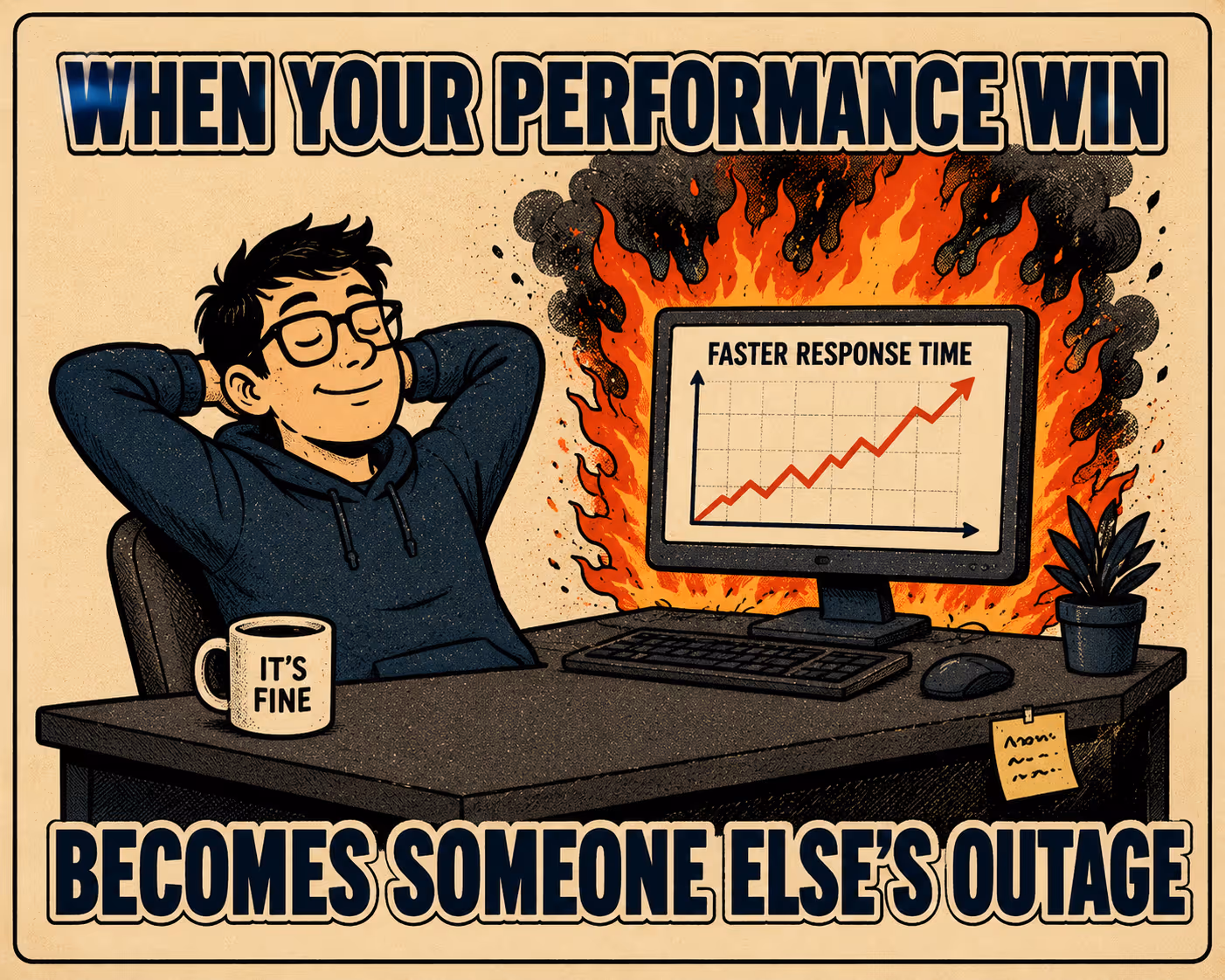 Developer sitting calmly at desk while computer catches fire, labeled performance improvements