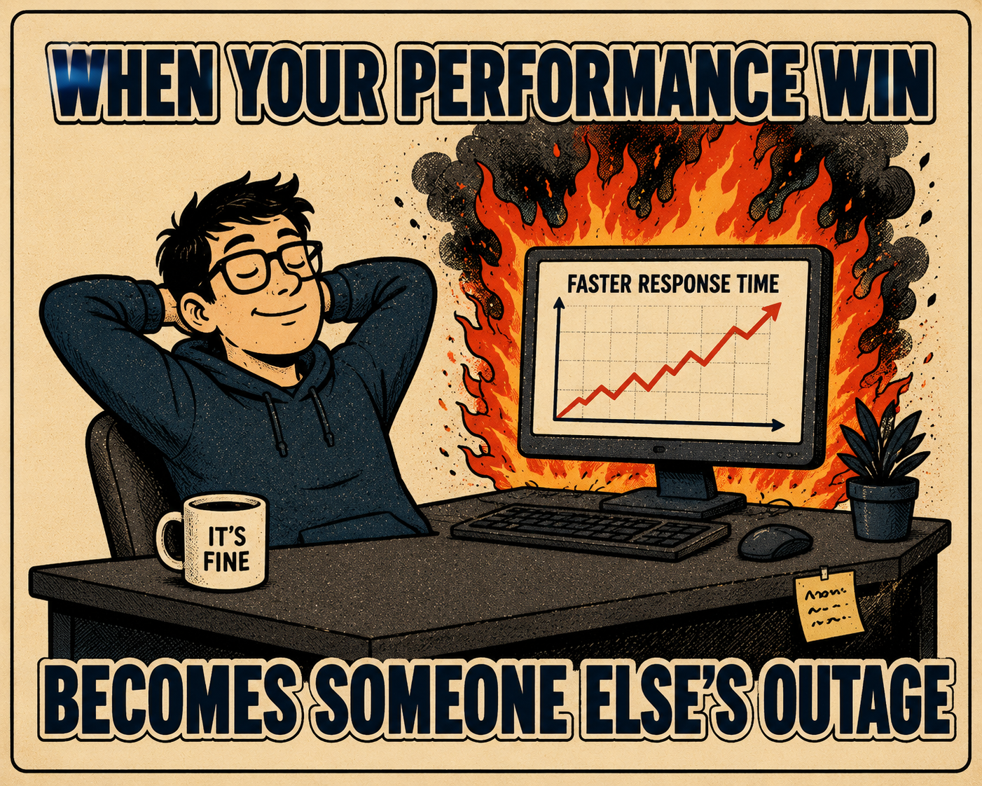 Developer sitting calmly at desk while computer catches fire, labeled performance improvements