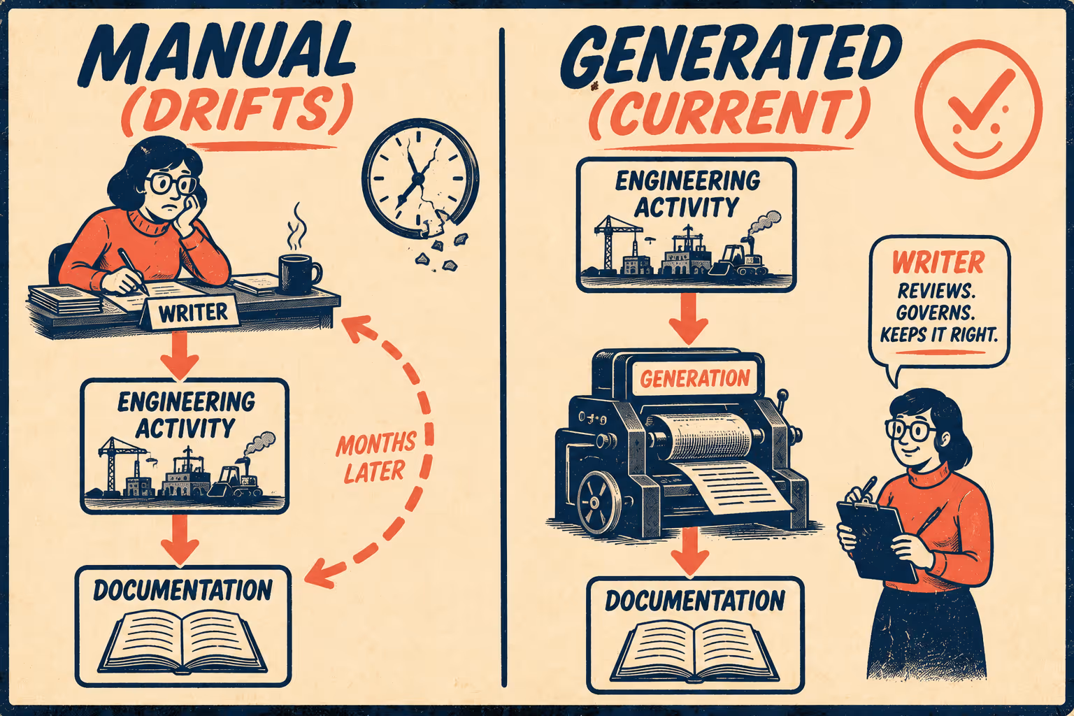 Comparison diagram: manual documentation workflow drifts over time; generated workflow keeps documentation current by default.