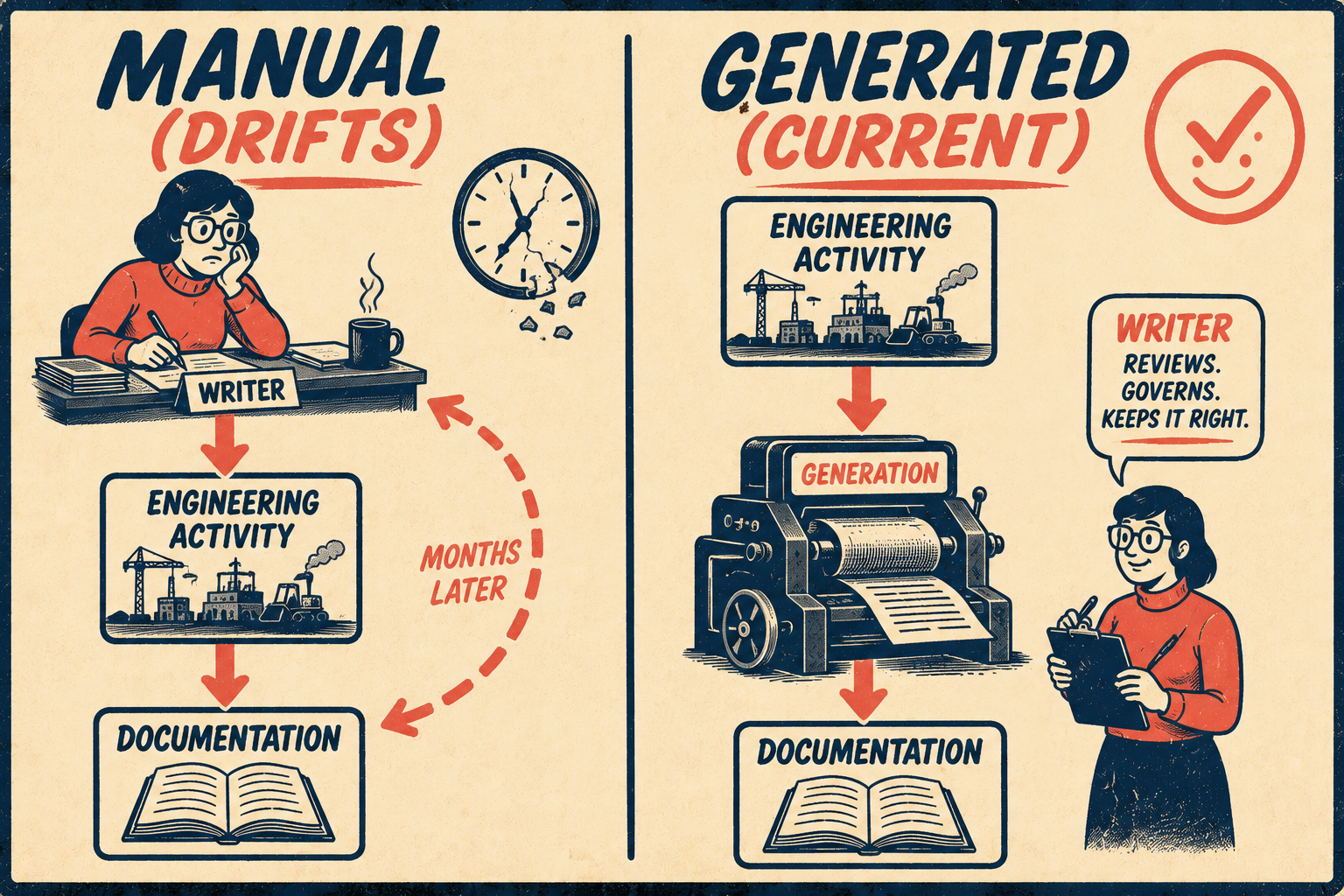 Comparison diagram: manual documentation workflow drifts over time; generated workflow keeps documentation current by default.