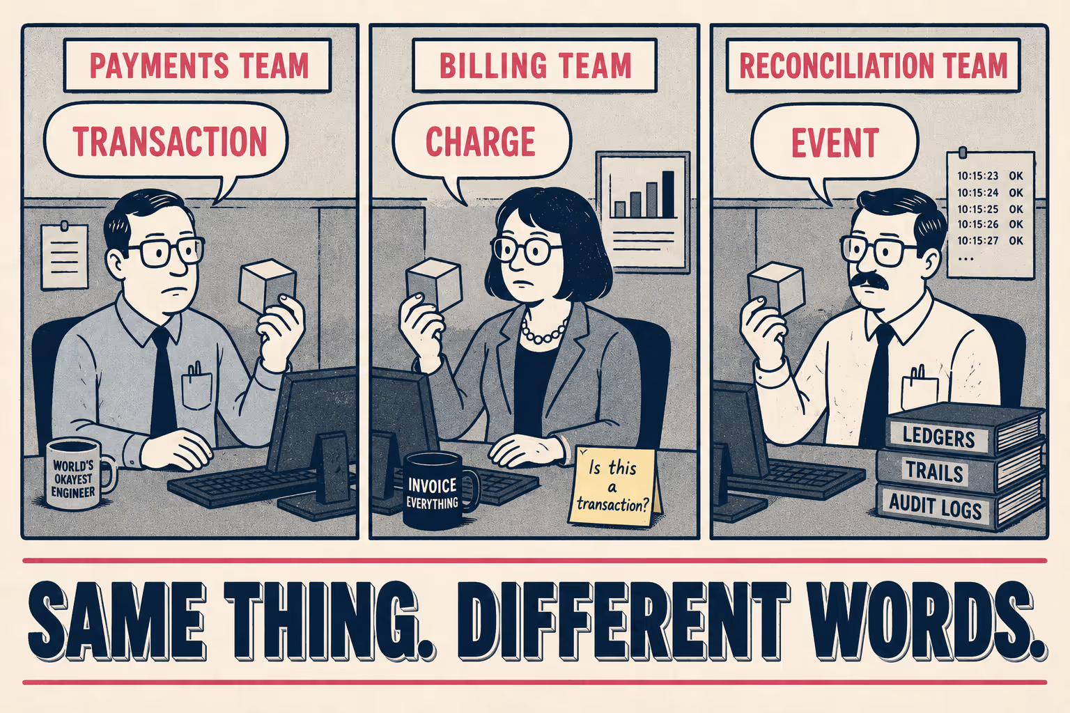 Three people at desks call the same object by different names: transaction, charge, and event.