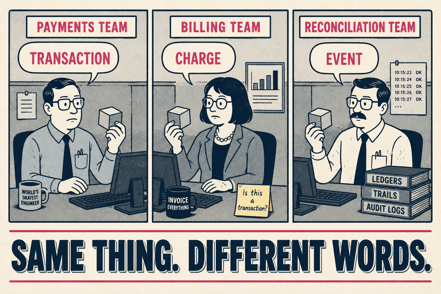 Three people at desks call the same object by different names: transaction, charge, and event.