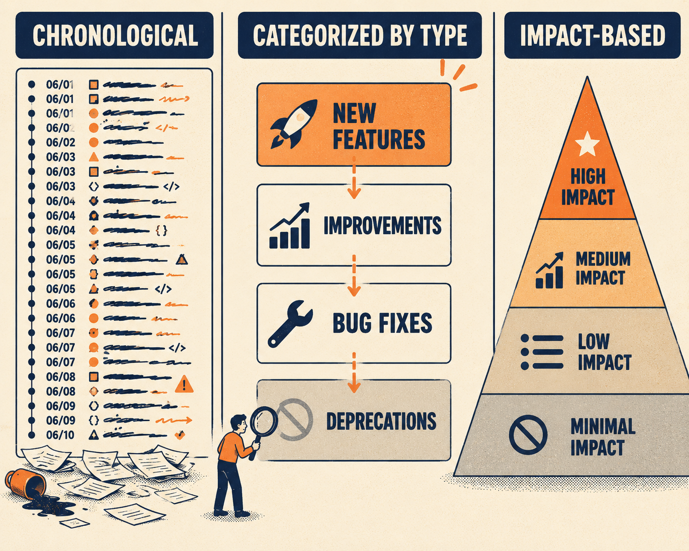 Three release note structures compared: chronological chaos, categorical clarity, impact pyramid