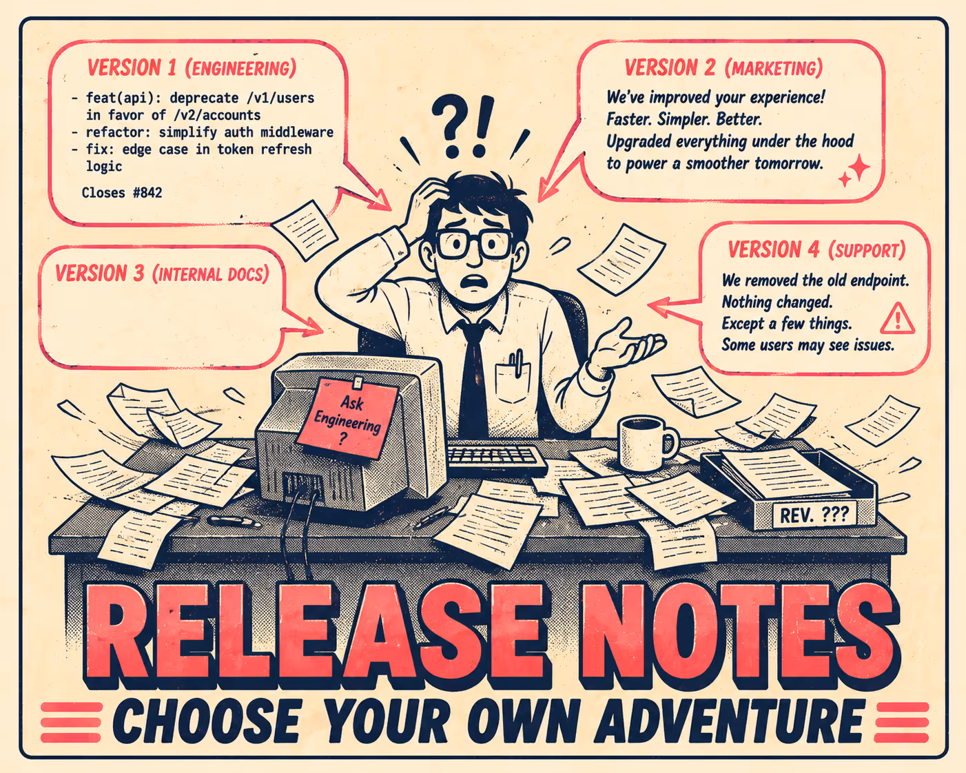 Confused figure at desk surrounded by contradictory speech bubbles in different styles