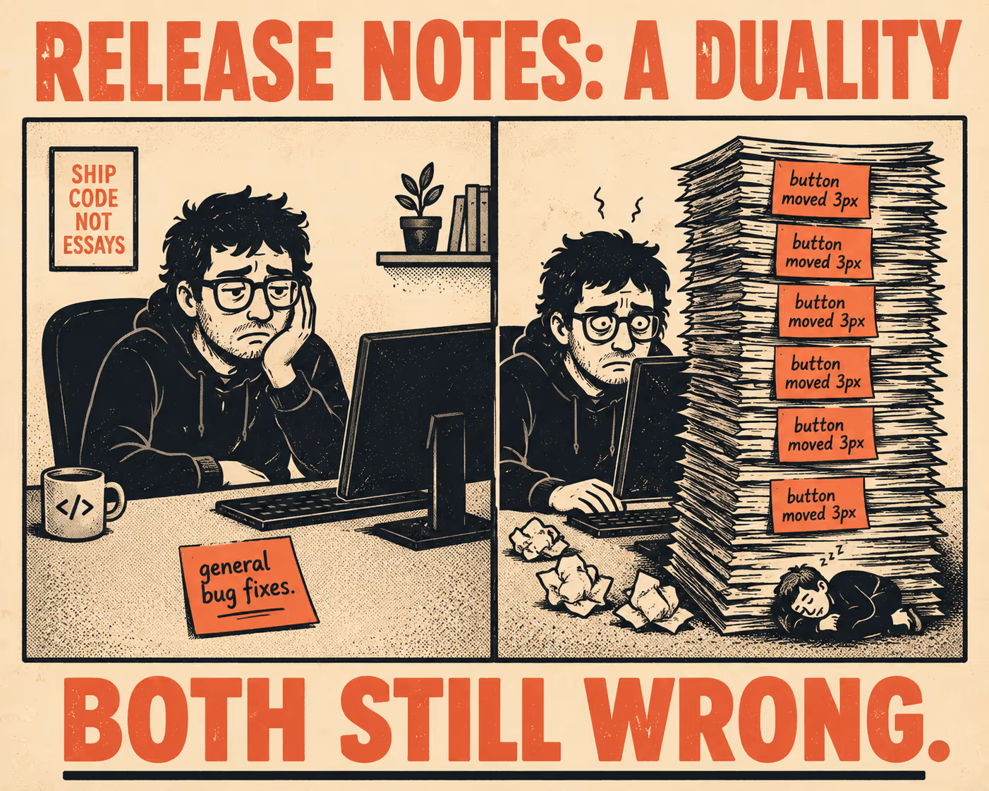 Two contrasting scenes: minimal documentation versus excessive documentation, both equally problematic