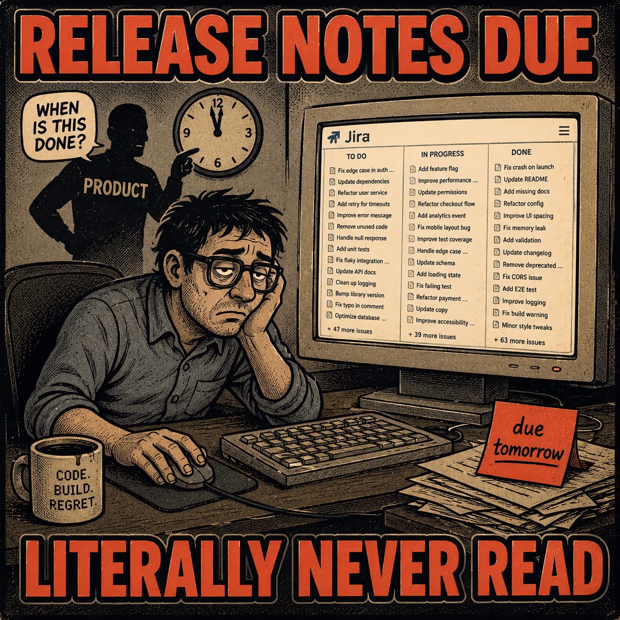 Engineer copying Jira tickets to document while clock looms in background.