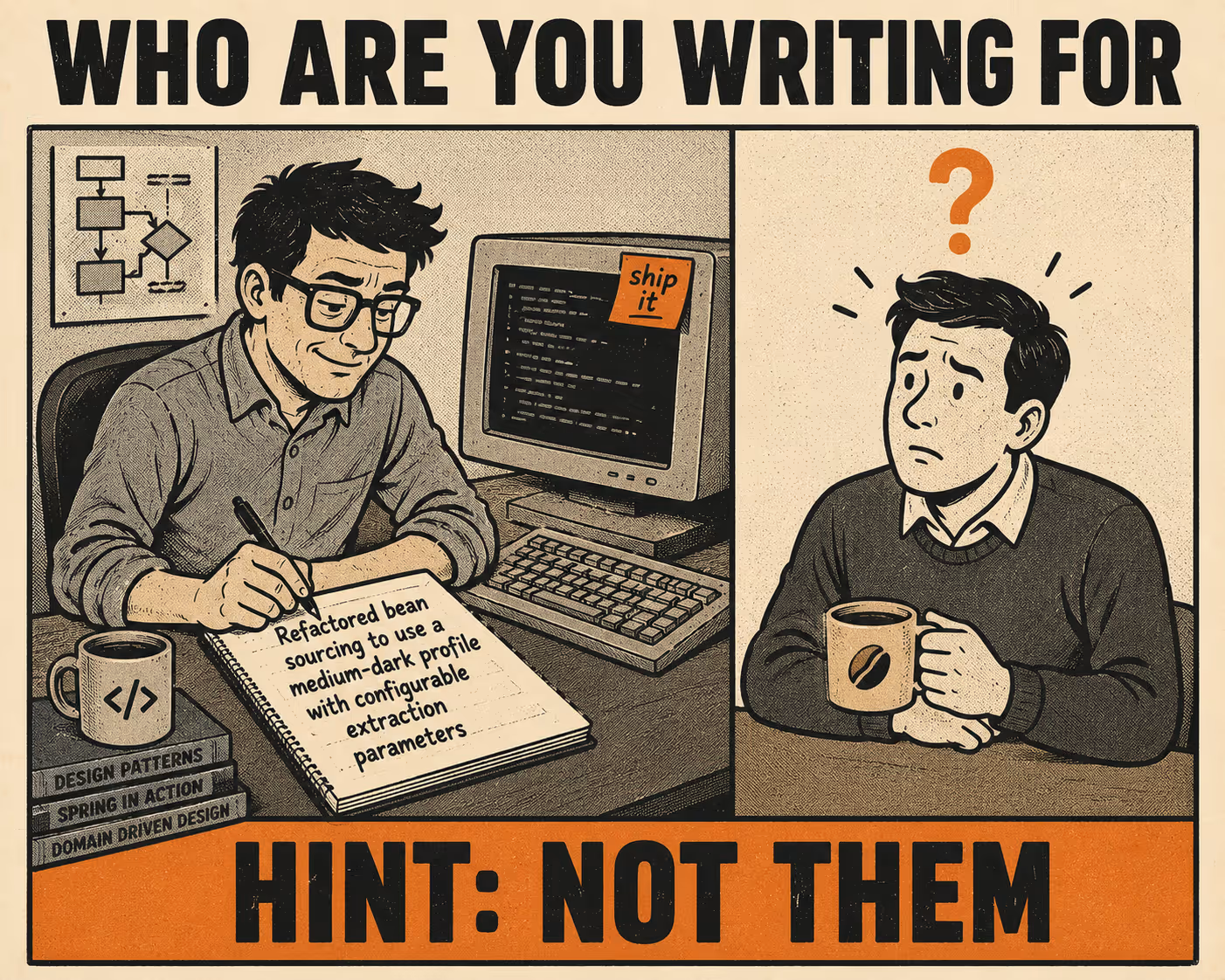Split-panel meme: engineer writing jargon on left, confused customer on right