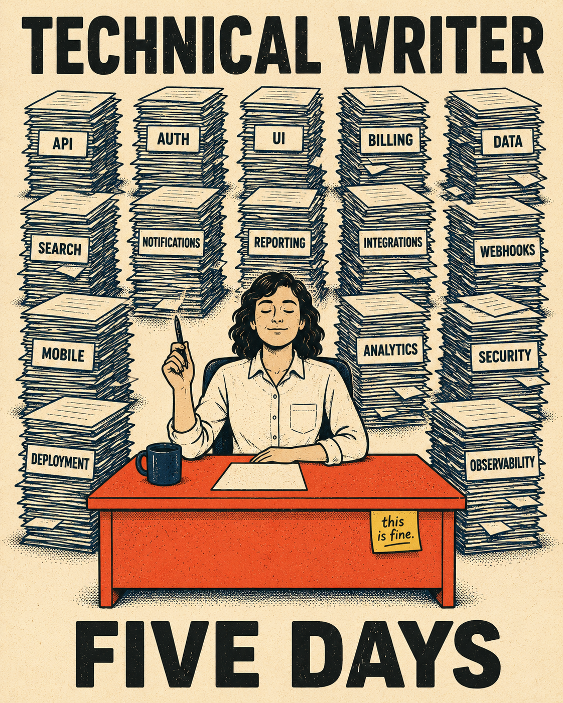 Person at desk surrounded by fifteen towering stacks of paper labeled by team, holding one pen.