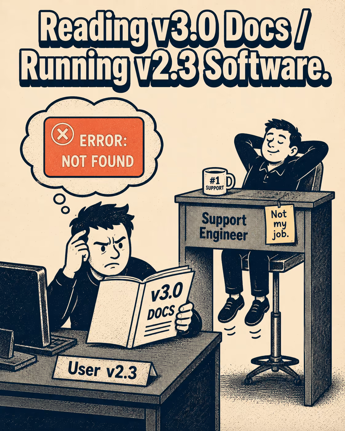 Cartoon of user reading version-mismatched docs while support engineer sighs.