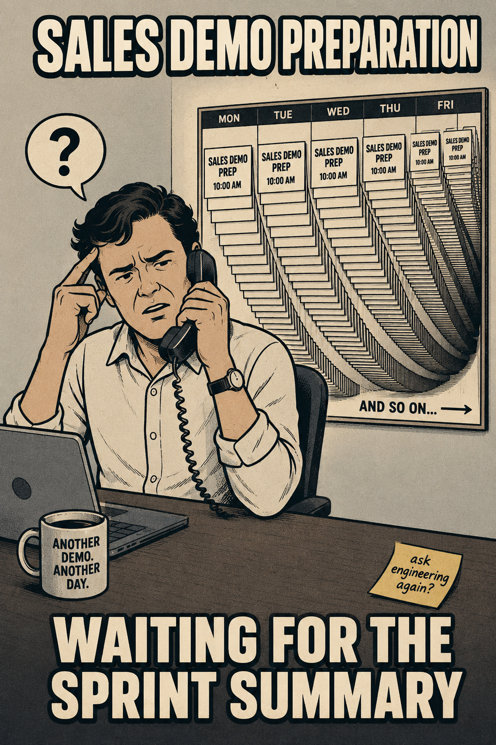 Person at desk confused during demo prep, surrounded by recurring calendar meetings.