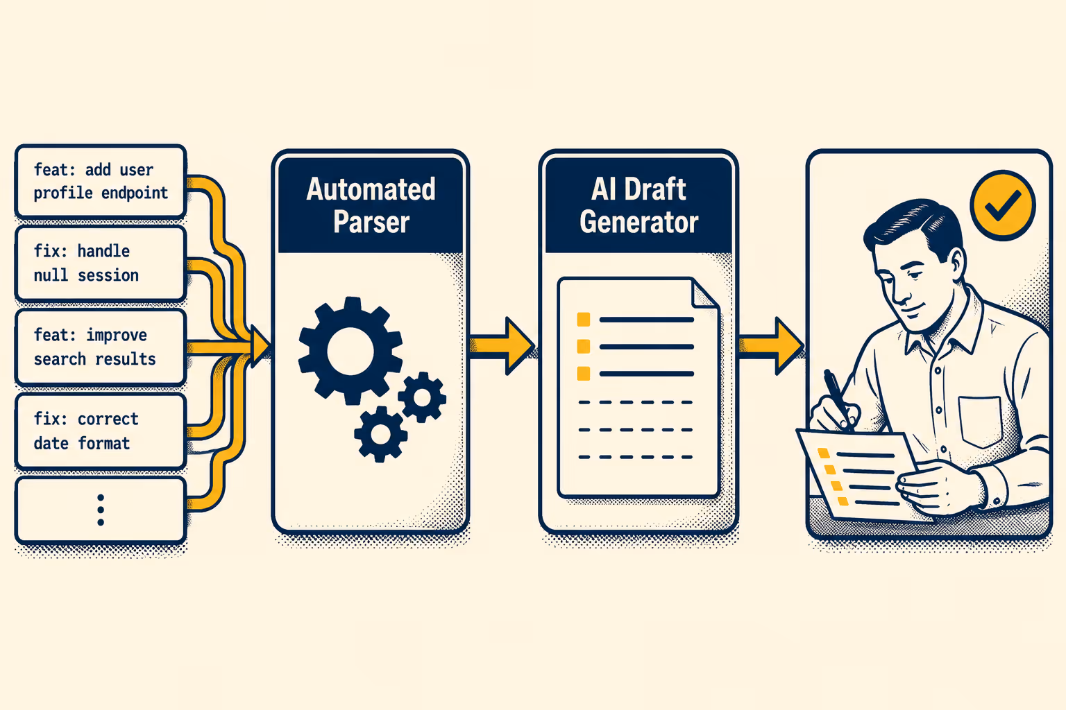 Three-stage workflow: commits to automated parsing to AI draft to human review