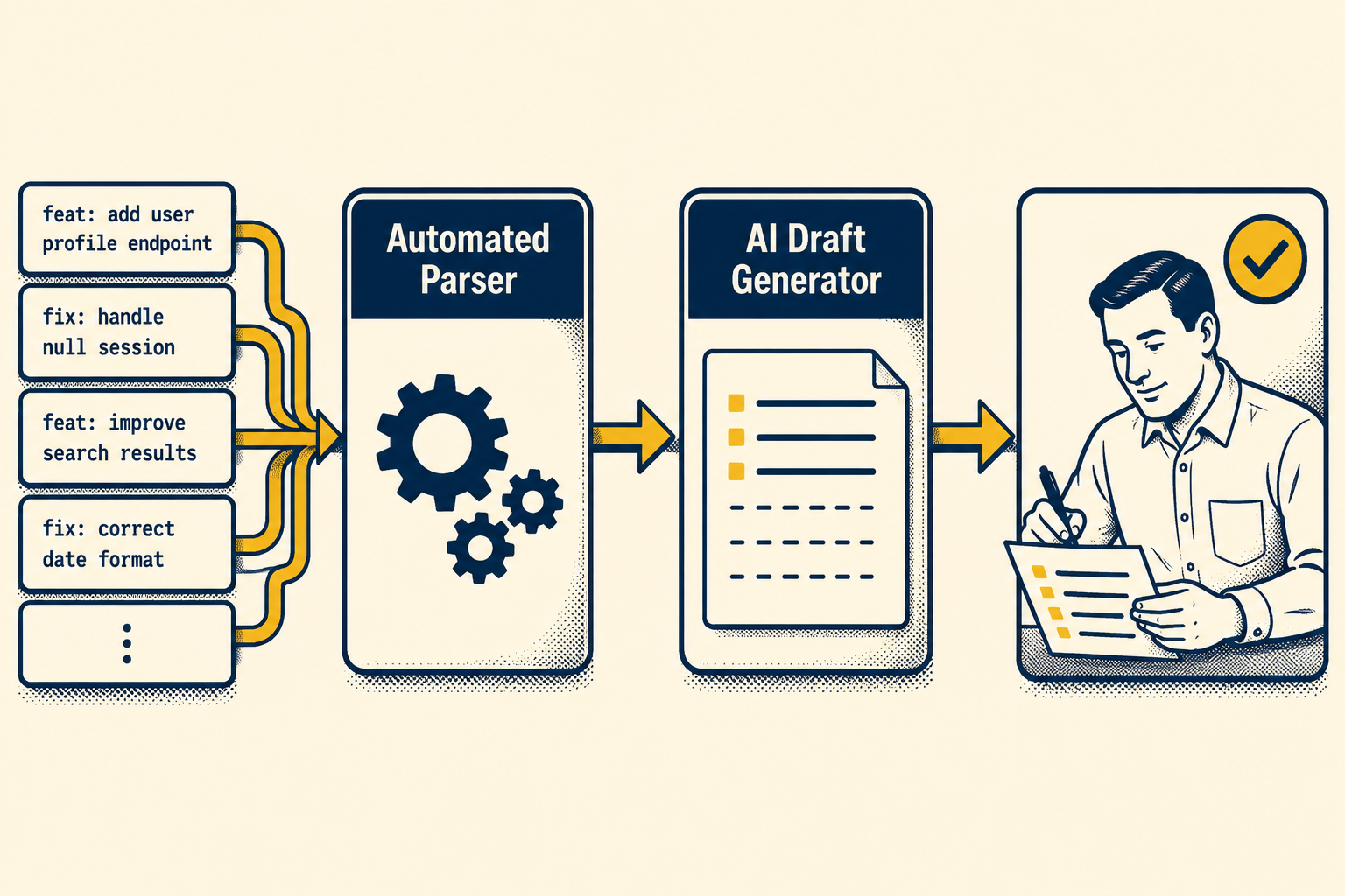 Three-stage workflow: commits to automated parsing to AI draft to human review