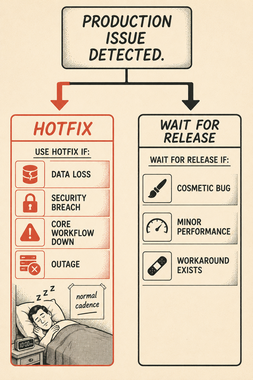 Decision flow diagram showing criteria for hotfix versus scheduled release