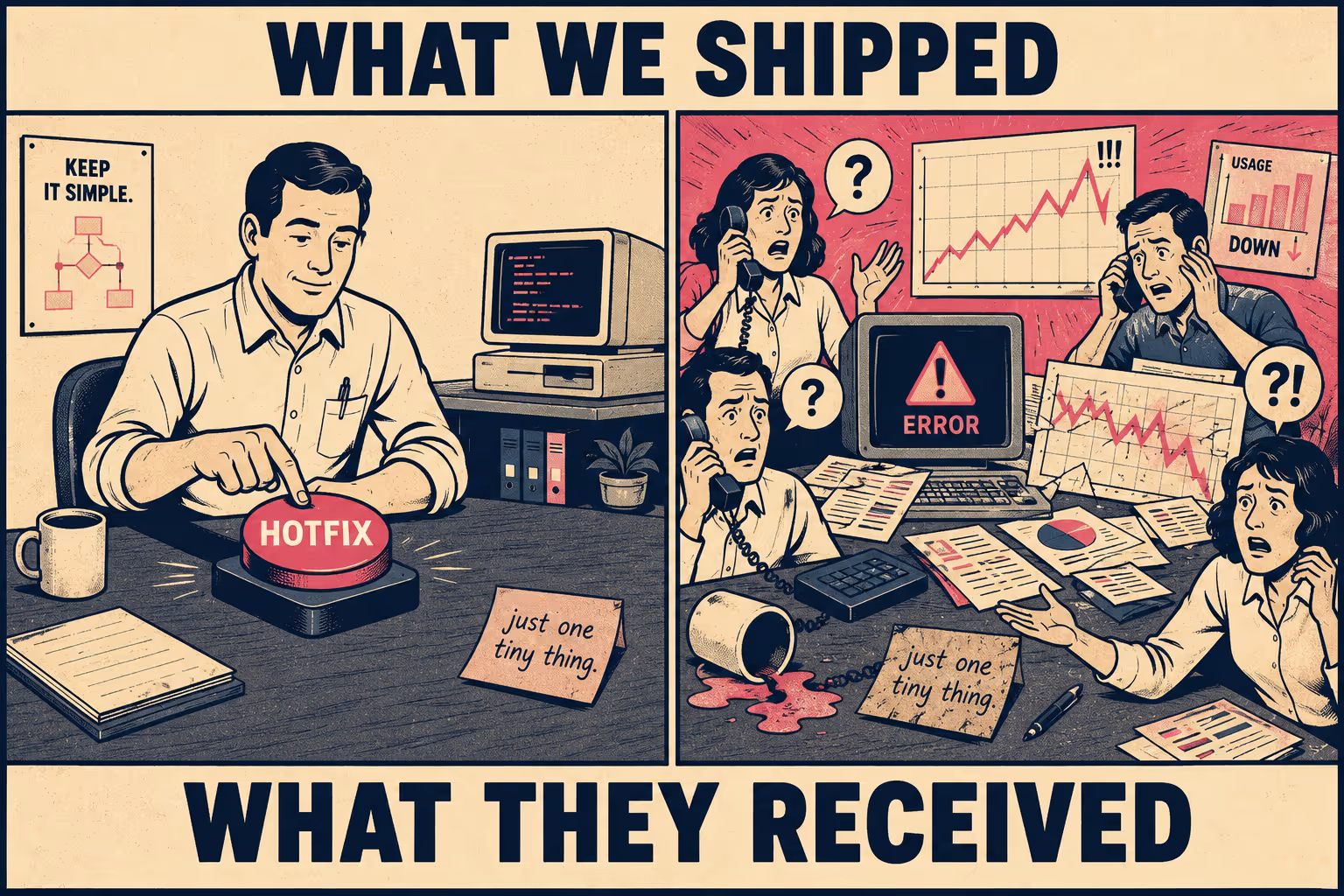 Split-scene meme showing calm engineer versus chaotic customer fallout from unplanned change
