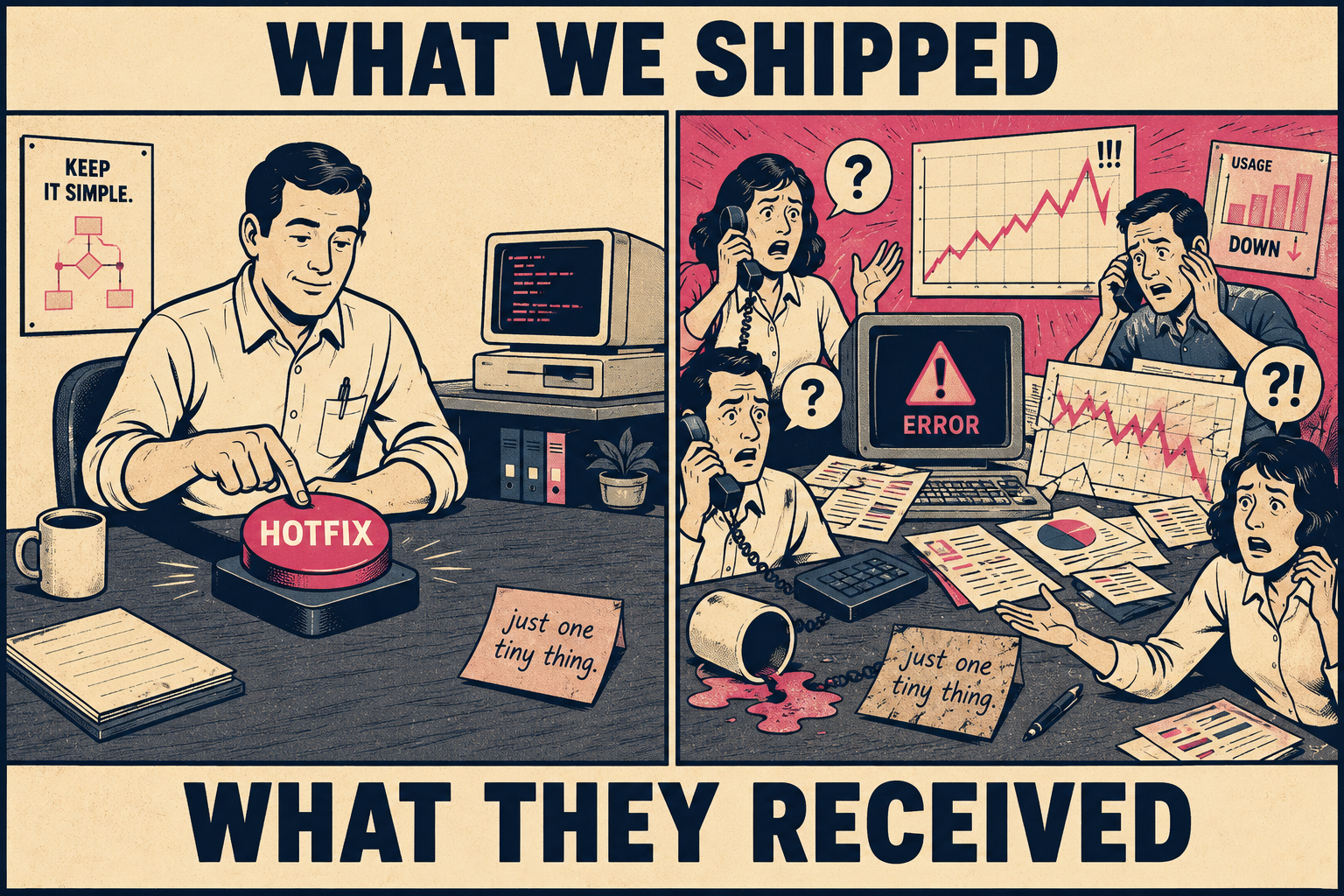 Split-scene meme showing calm engineer versus chaotic customer fallout from unplanned change