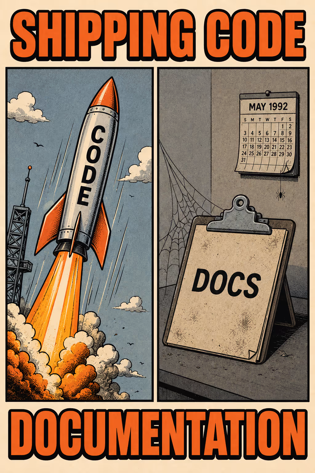 Split-screen meme: rocket launching on left, dusty clipboard on right, labeled 'shipping code' and 'documentation'