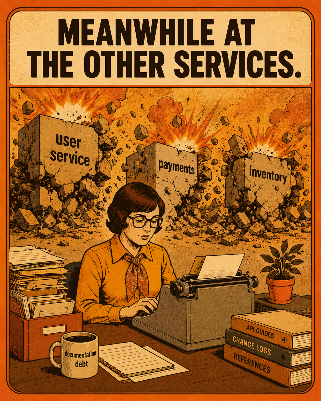 Technical writer calmly working while service boxes explode in background