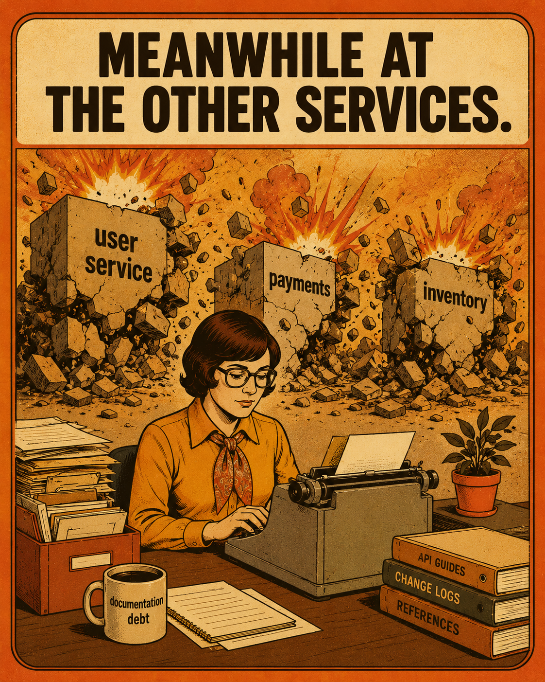 Technical writer calmly working while service boxes explode in background