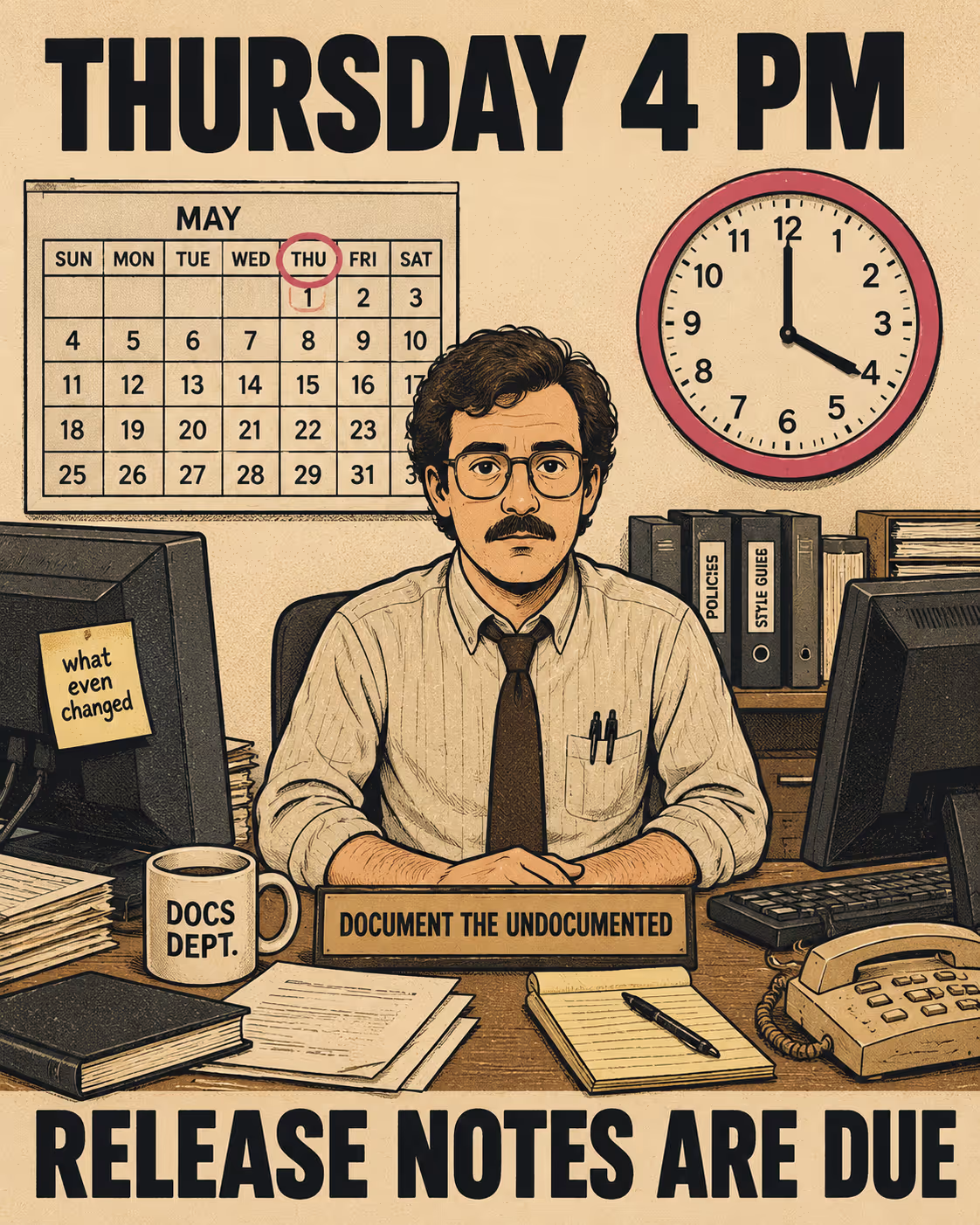 Office worker staring blankly at camera, clock showing 4 PM, calendar marked Thursday.