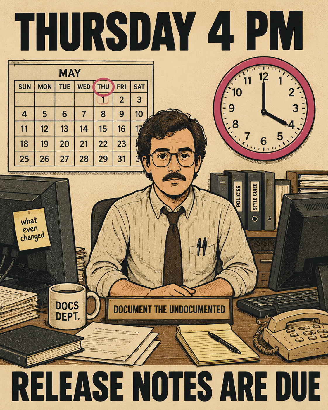 Office worker staring blankly at camera, clock showing 4 PM, calendar marked Thursday.