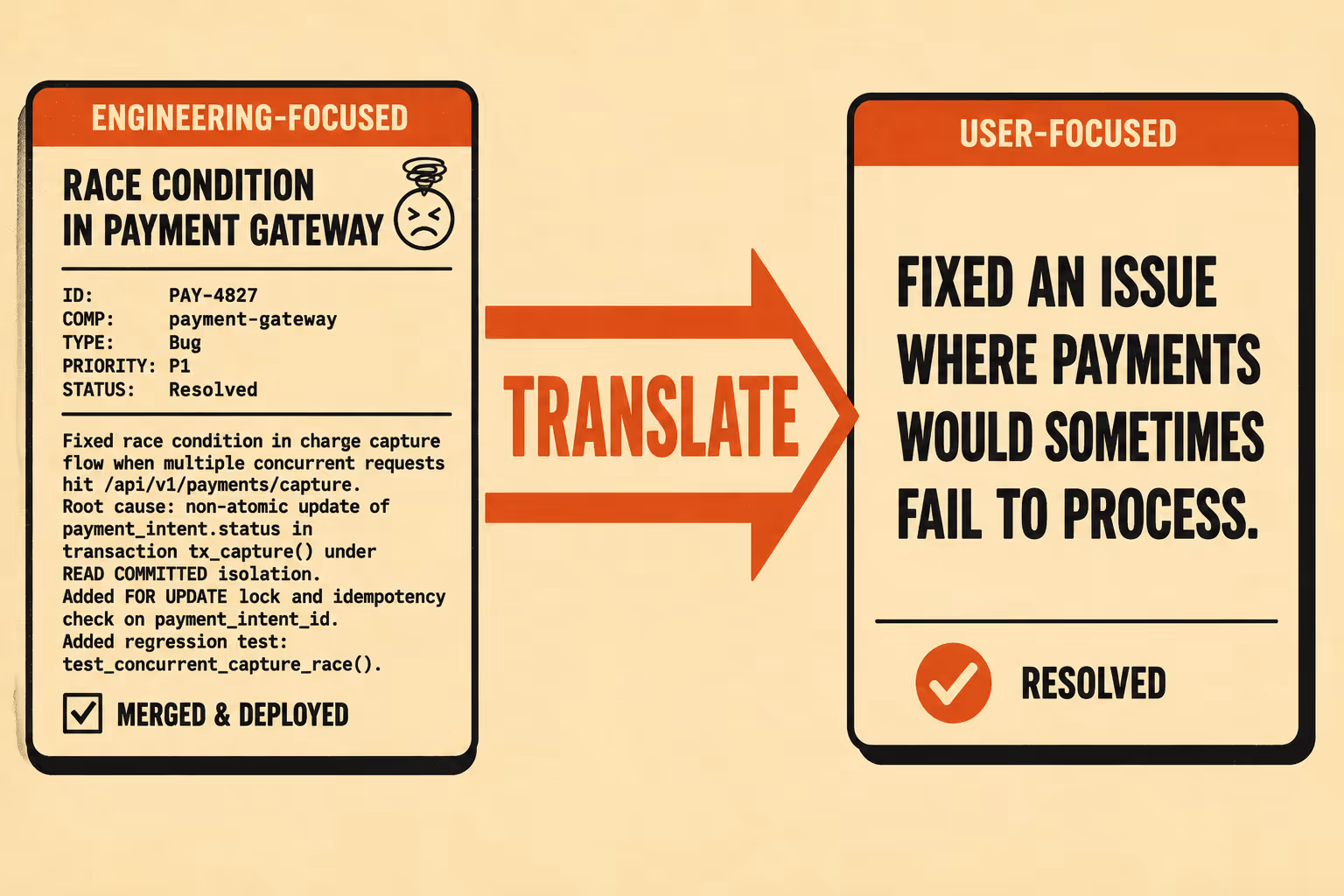 Diagram showing technical jargon transformed into user-friendly language with arrow between them.