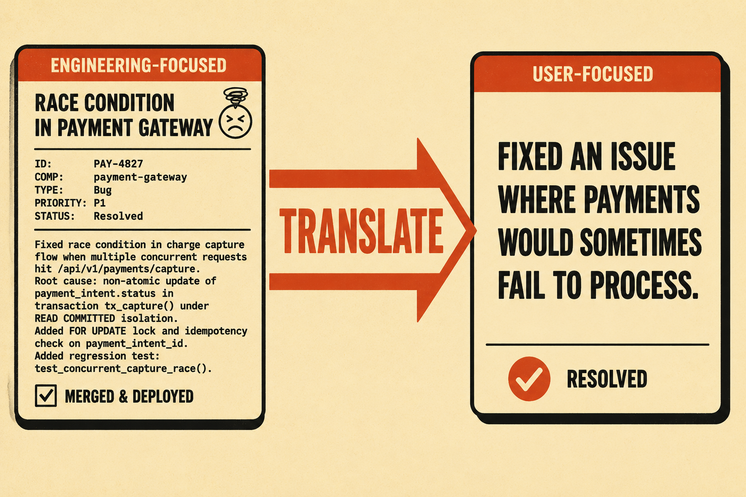 Diagram showing technical jargon transformed into user-friendly language with arrow between them.
