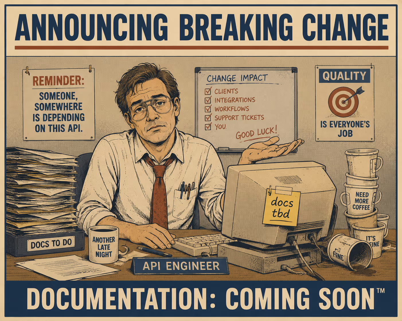 Engineer shrugging at desk surrounded by unfinished documentation and coffee cups