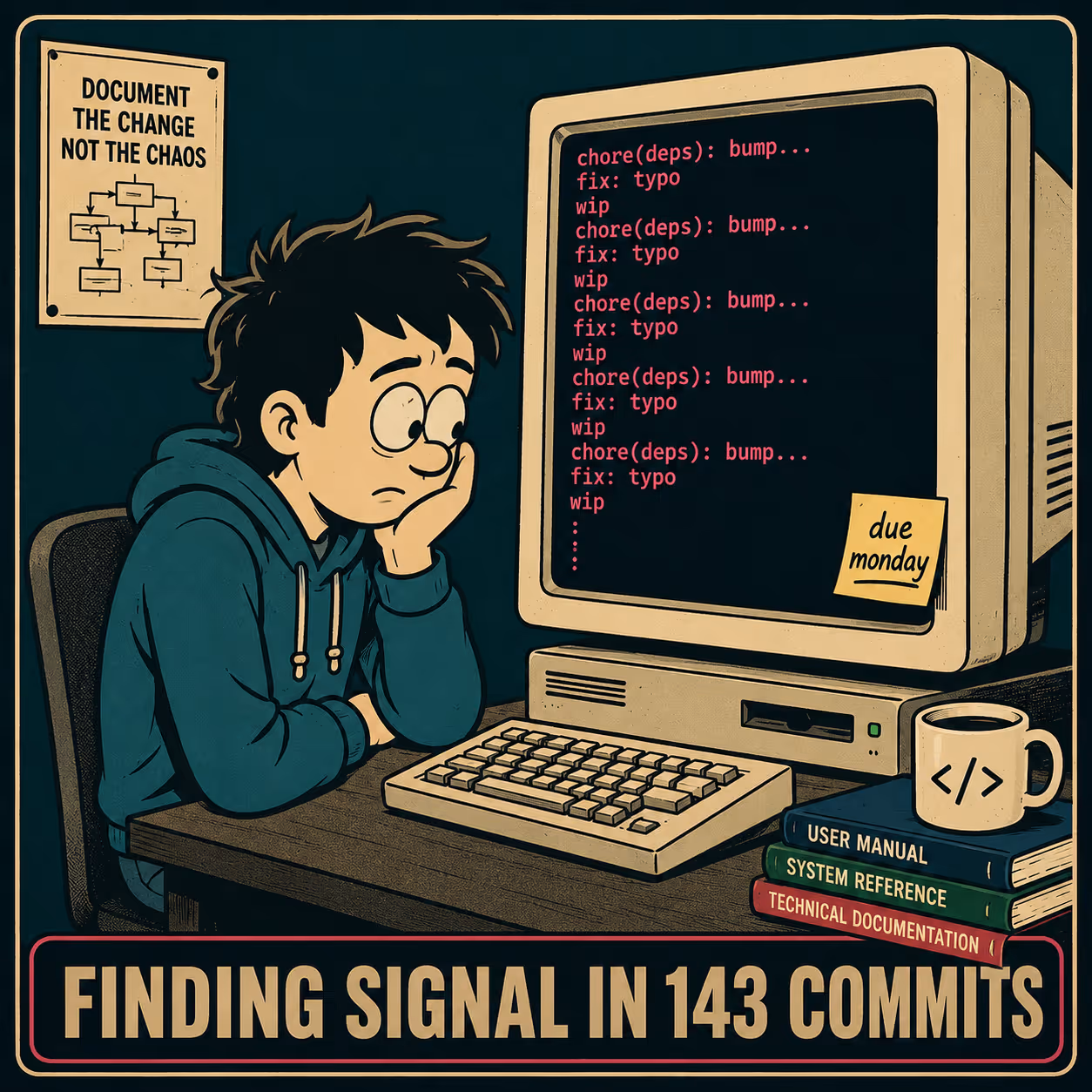 Overwhelmed developer staring at endless git log commits on terminal screen