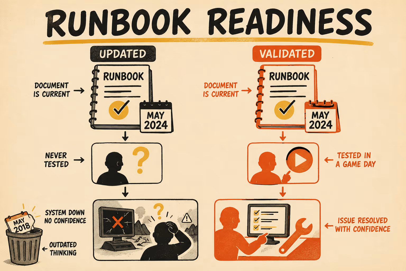 Two paths: updated runbook leads to confusion, validated runbook leads to confident execution