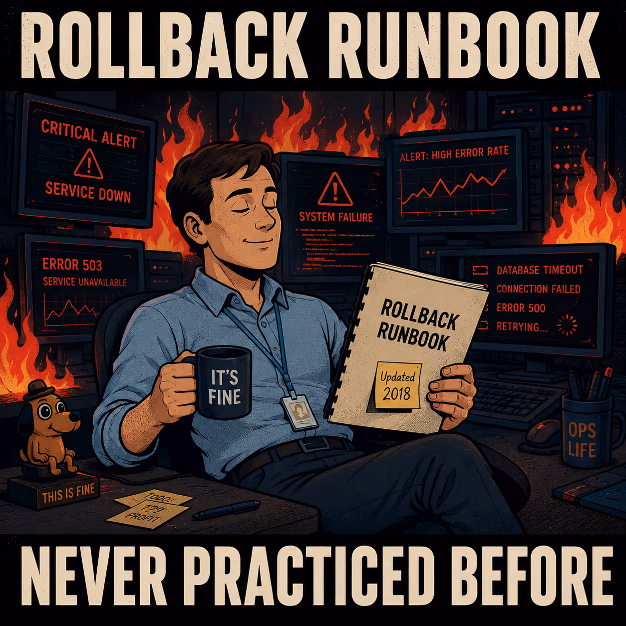 Person calmly reading documentation while office burns, labeled never practiced before