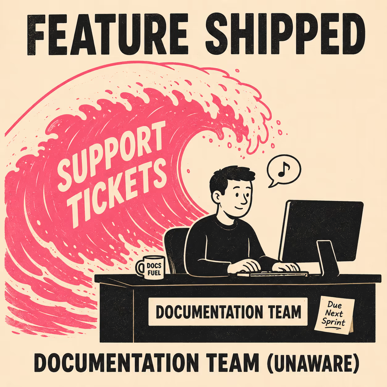 Person calmly working at desk while massive support ticket wave approaches unseen.