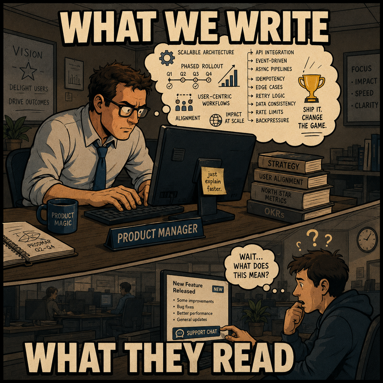 Product manager writing dense updates while confused user reaches for support chat
