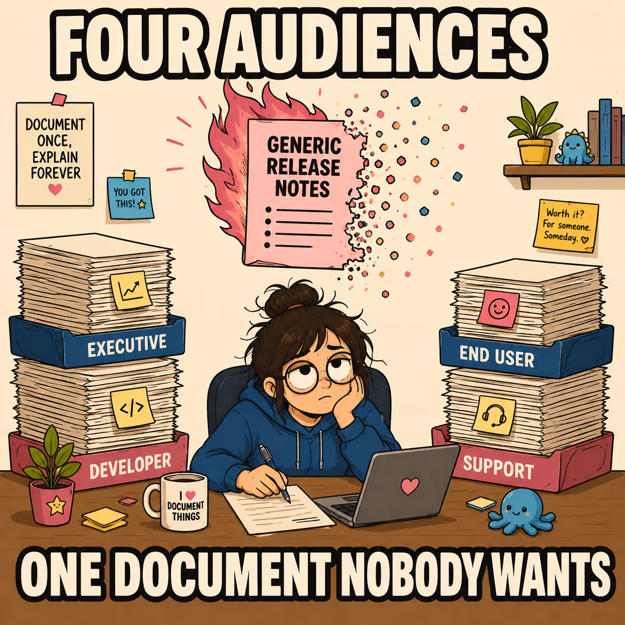 Overwhelmed writer surrounded by four paper stacks, a burning generic document floating above.