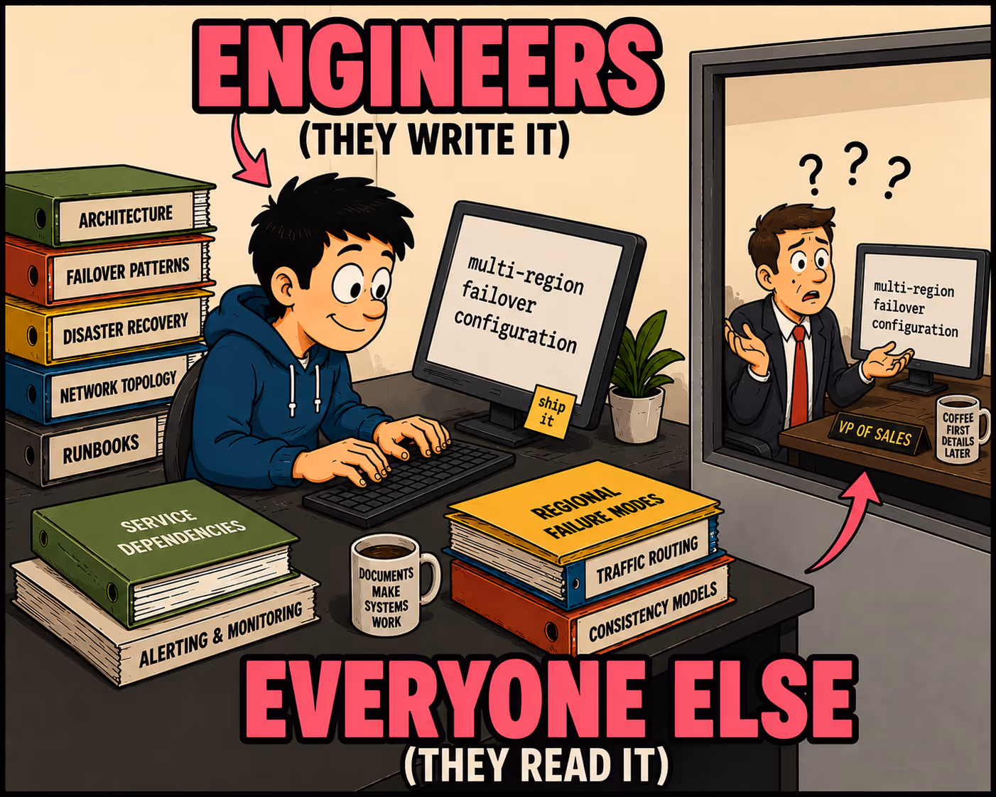 Engineer typing technical jargon while VP of Sales looks confused in background.