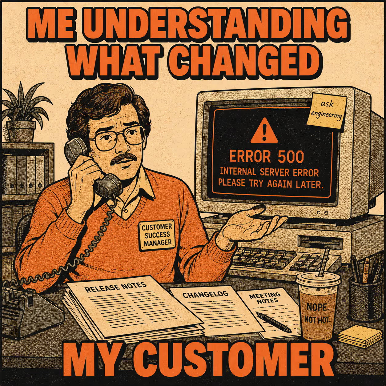 CSM on phone looking confused while customer error displays on monitor behind desk