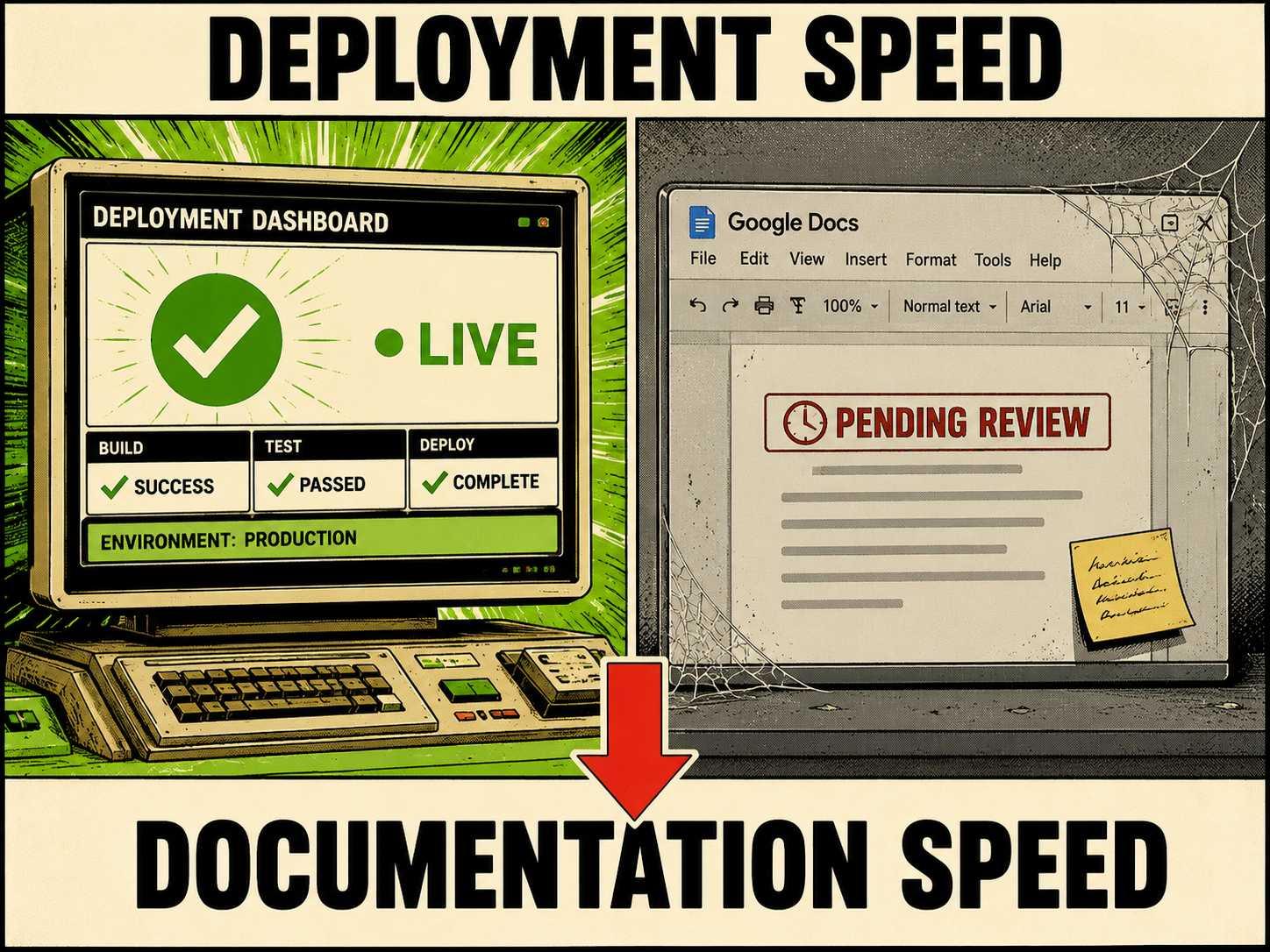 Split-screen contrast: live deployment on left, frozen Google Doc on right
