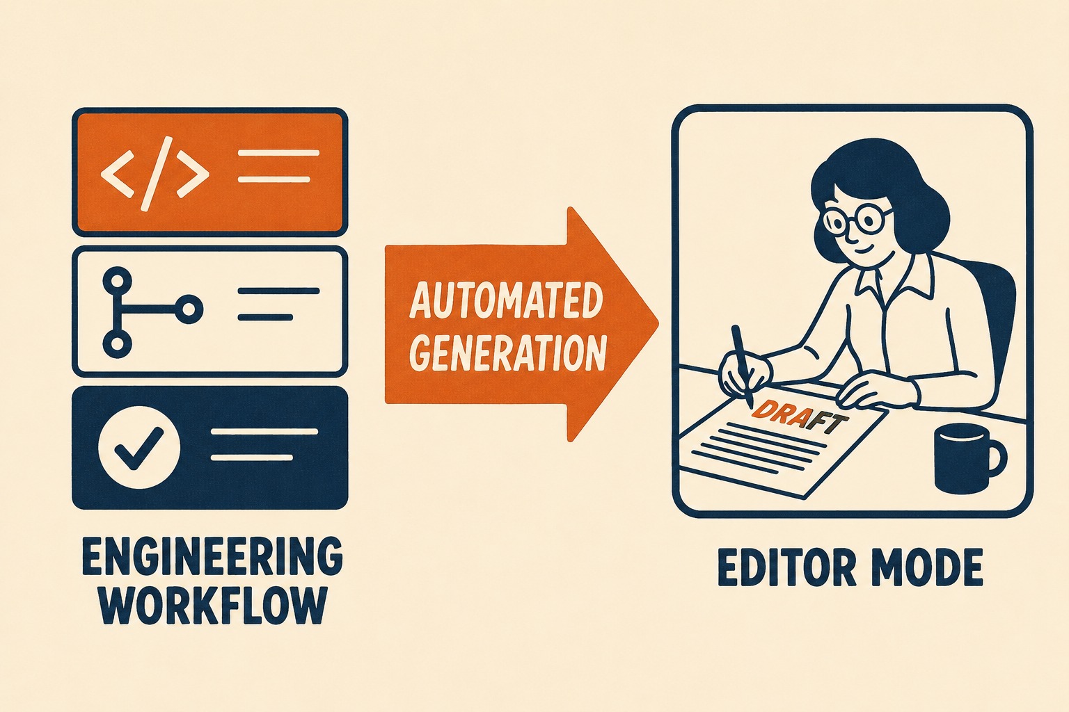 Three-stage flow: engineering artifacts to automated generation to editor refinement