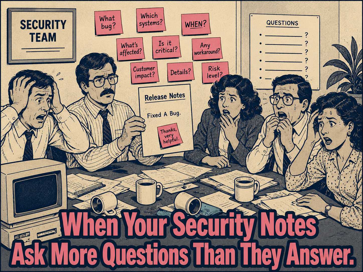 Conference room team staring at a one-line release note saying 'Fixed A Bug' surrounded by confused sticky notes