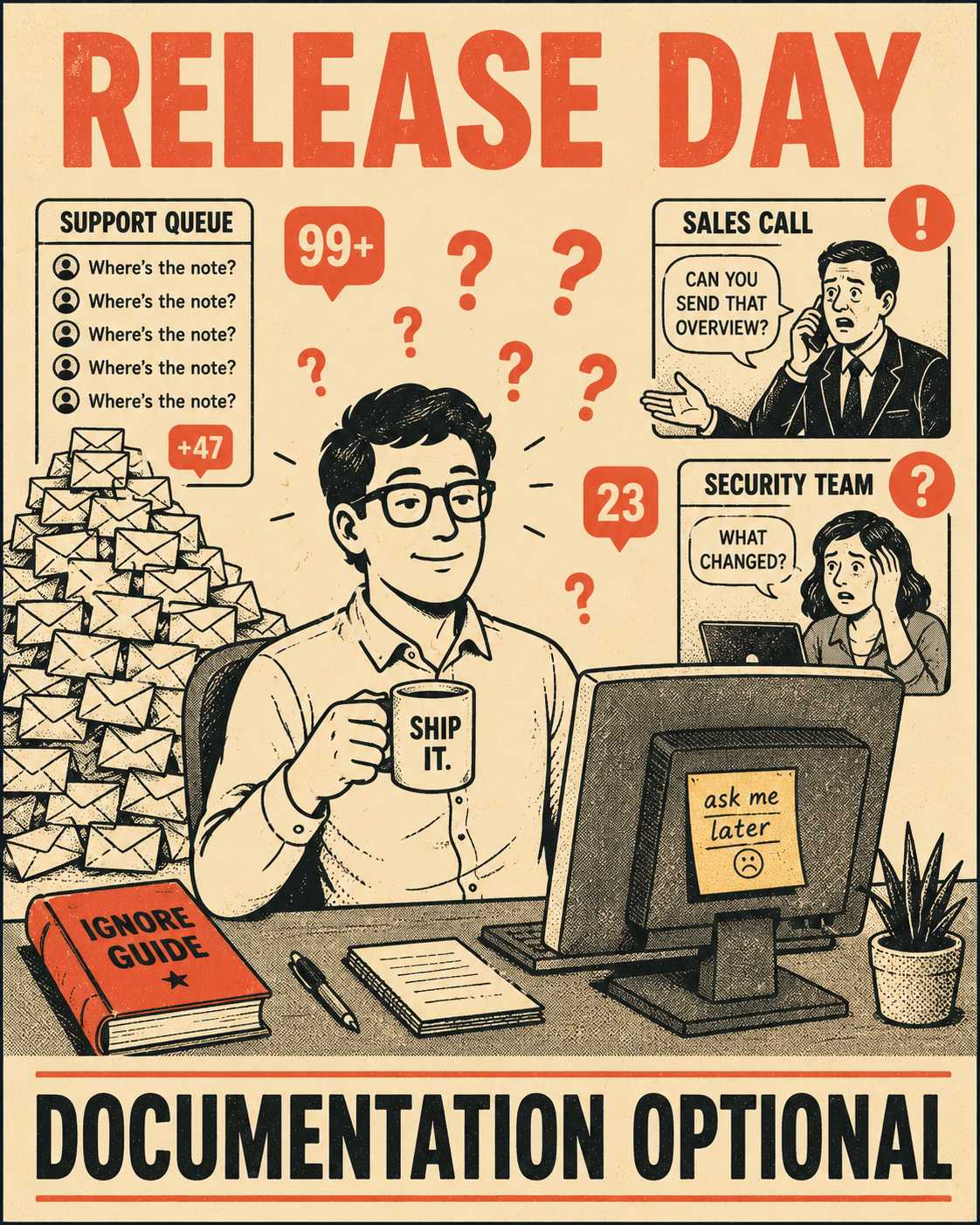 Engineer at desk with coffee, surrounded by questions and alerts, meme format text