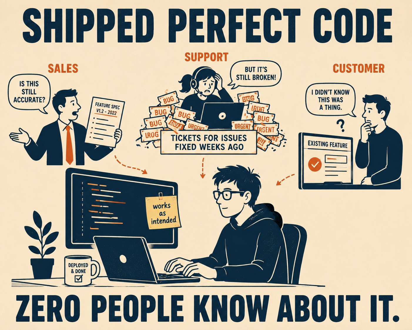 Engineer at desk shipping code while sales, support, and customers operate in ignorance around them