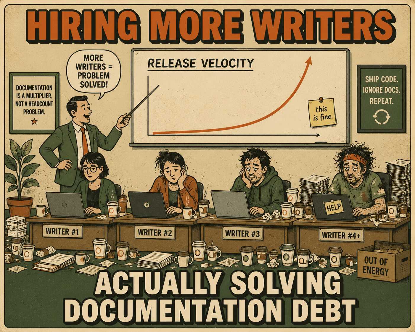 Row of exhausted writers at desks below an exponential growth curve labeled release velocity