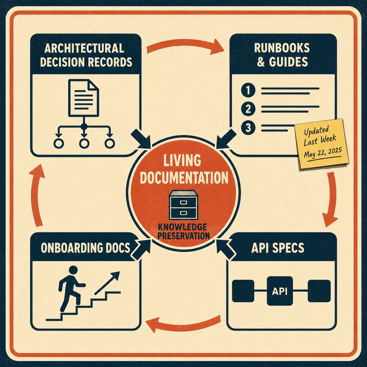 Four types of documentation cycling around central knowledge hub, 1970s poster style