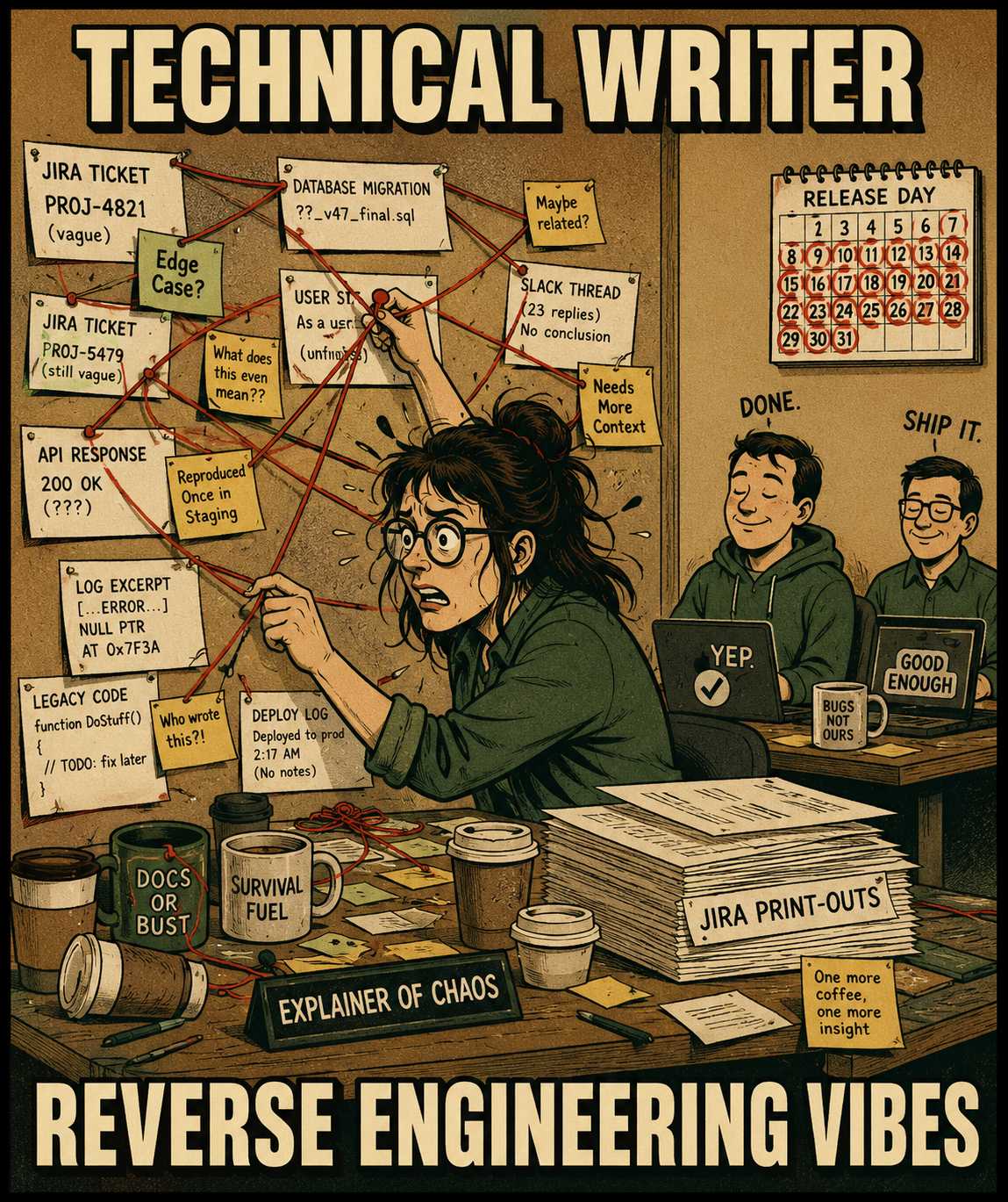 Technical writer surrounded by papers and string, desperately connecting documentation dots