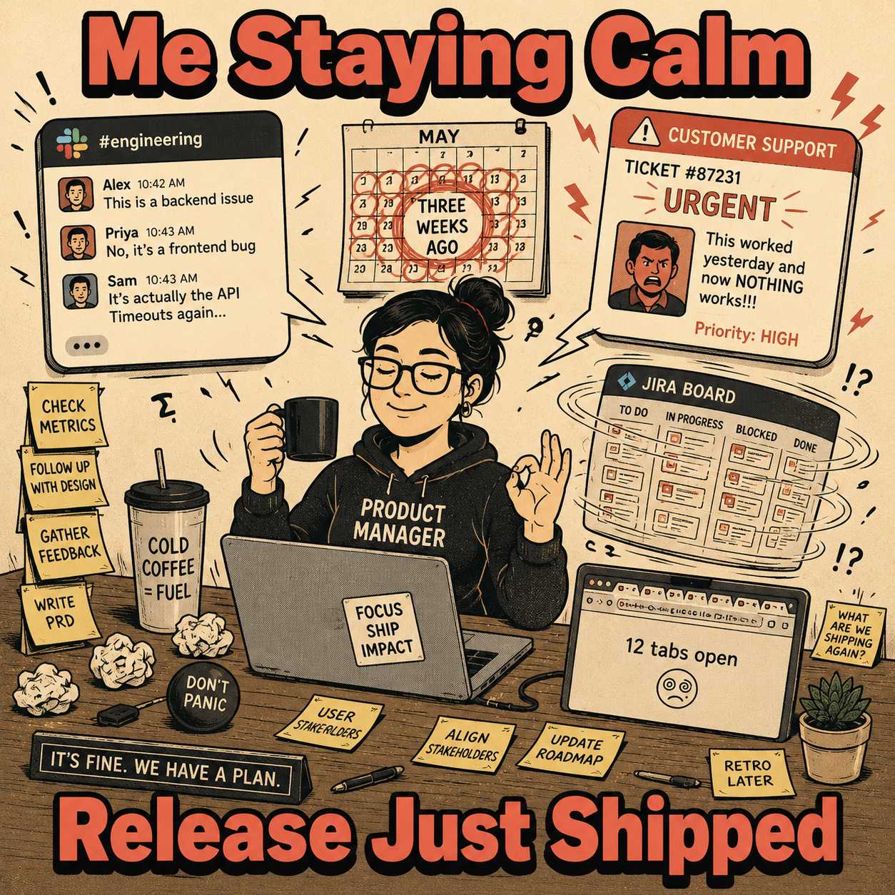 PM calmly working at desk while Slack, tickets, and customer support swirl chaotically around them