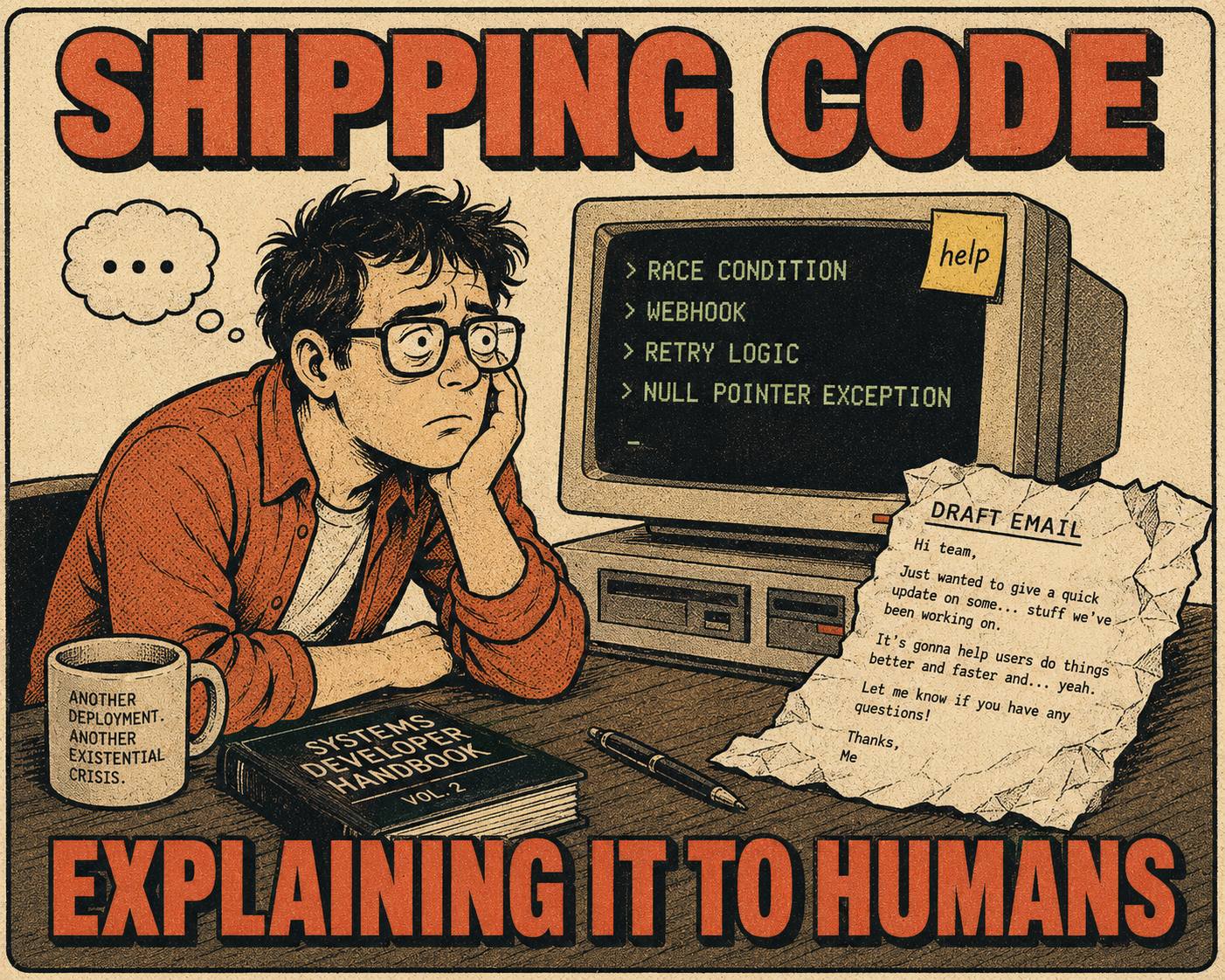 Person staring at incomprehensible technical release notes on screen, labeled shipping code versus explaining it to humans