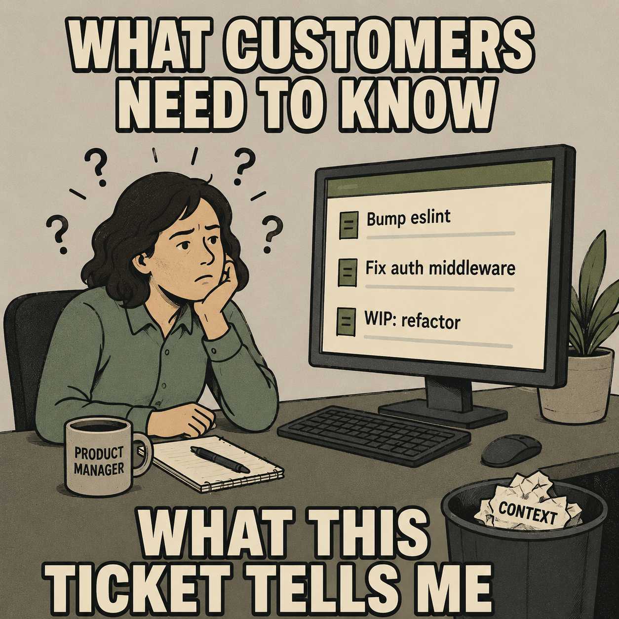 Product manager stares at cryptic ticket titles, surrounded by question marks