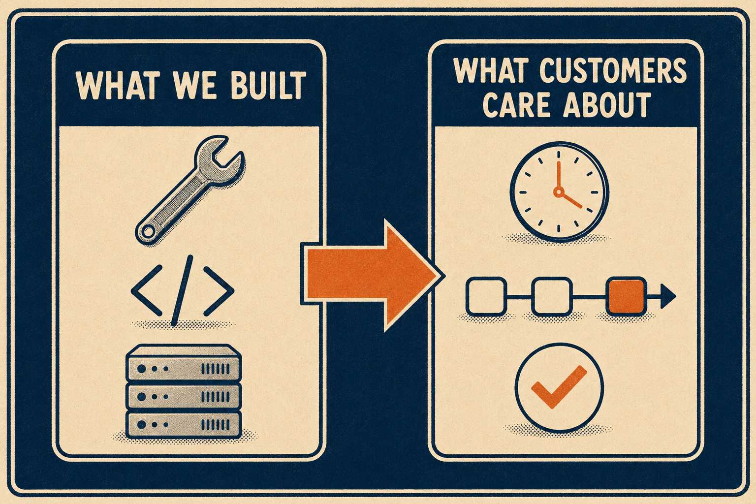 Two columns with arrow: technical implementation symbols convert to customer benefit icons