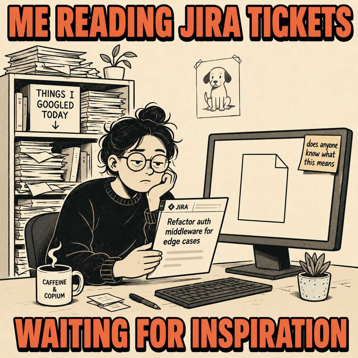 Person staring at Jira ticket labeled auth middleware with blank document, sticky note asking for help